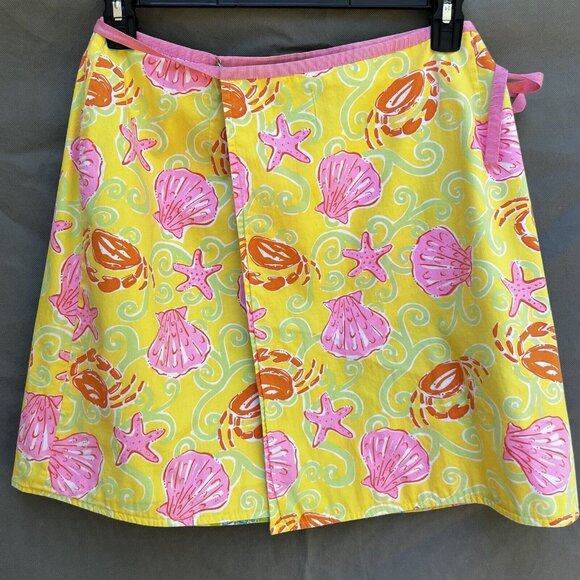 VTG Lilly Pulitzer Reversible Skirt Yellow Pink Shells Patchwork Wrap Preppy - Picture 3 of 9